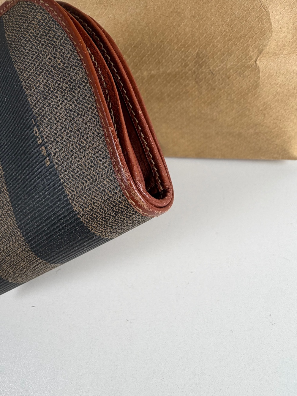 Fendi Brown and Black Striped Canvas Pouch with Leather Trim - Picture 6 of 7